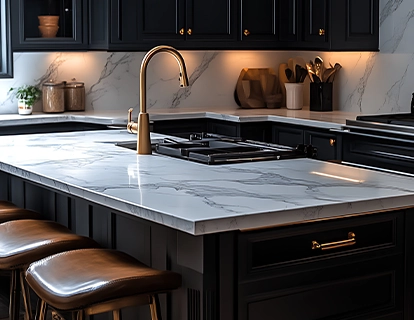dark themed kitchen with granite countertops